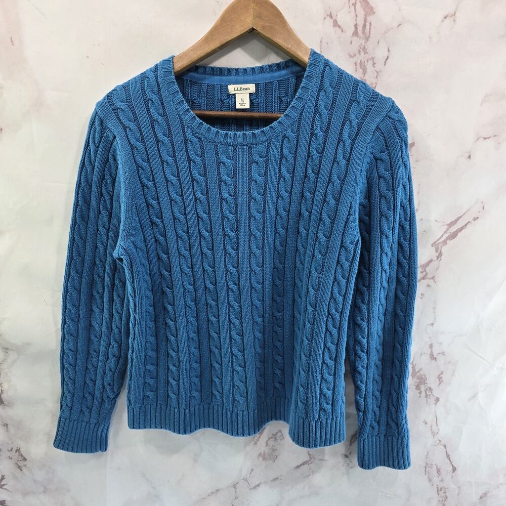 LL Bean Sweater Womens Medium P Petite Bright Blue Cotton Cable Knit Academia